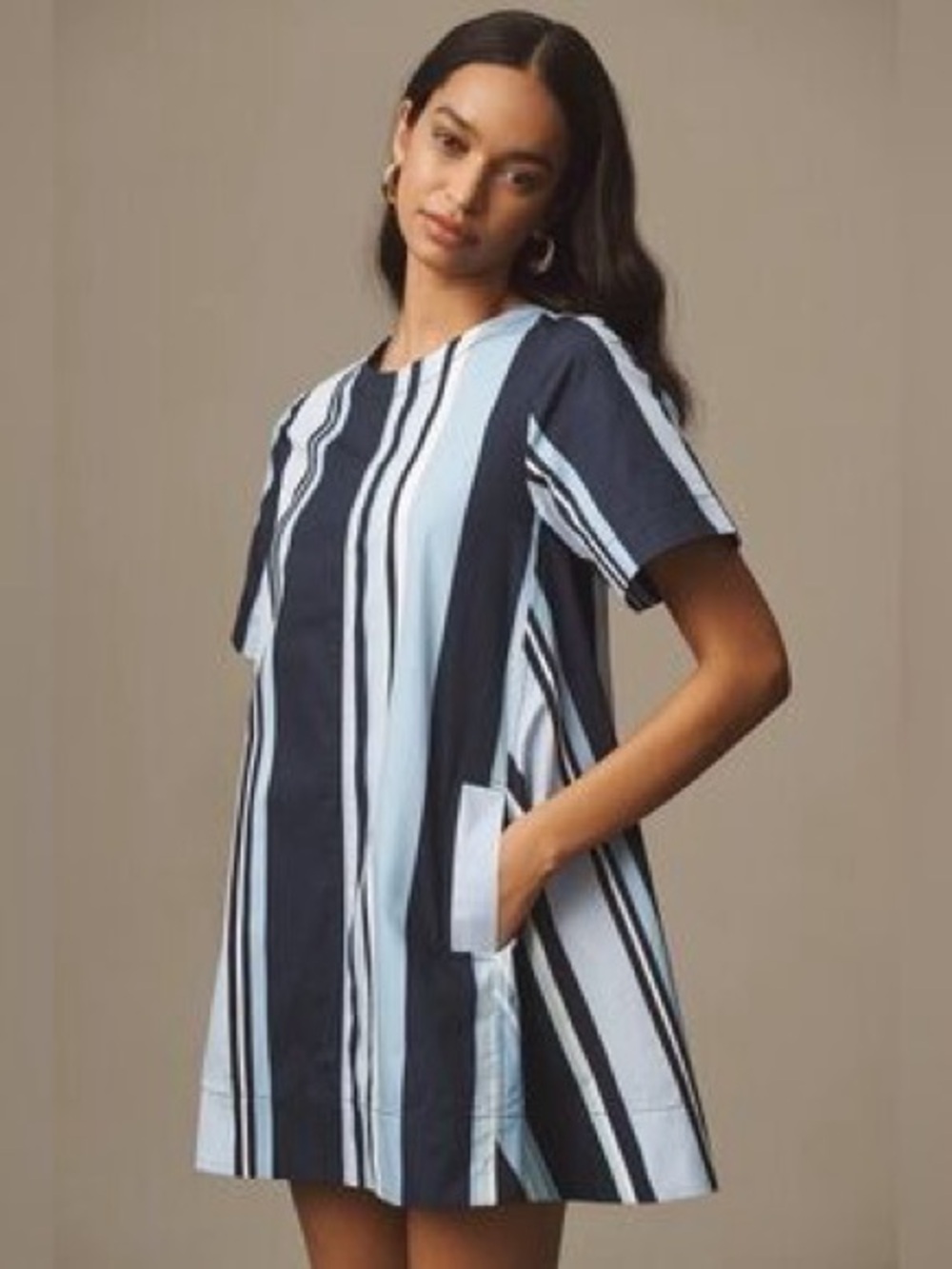 Anthropologie Maeve The Emmy Short Sleeve Swing Mini Dress Blue White Medium - Picture 3 of 8